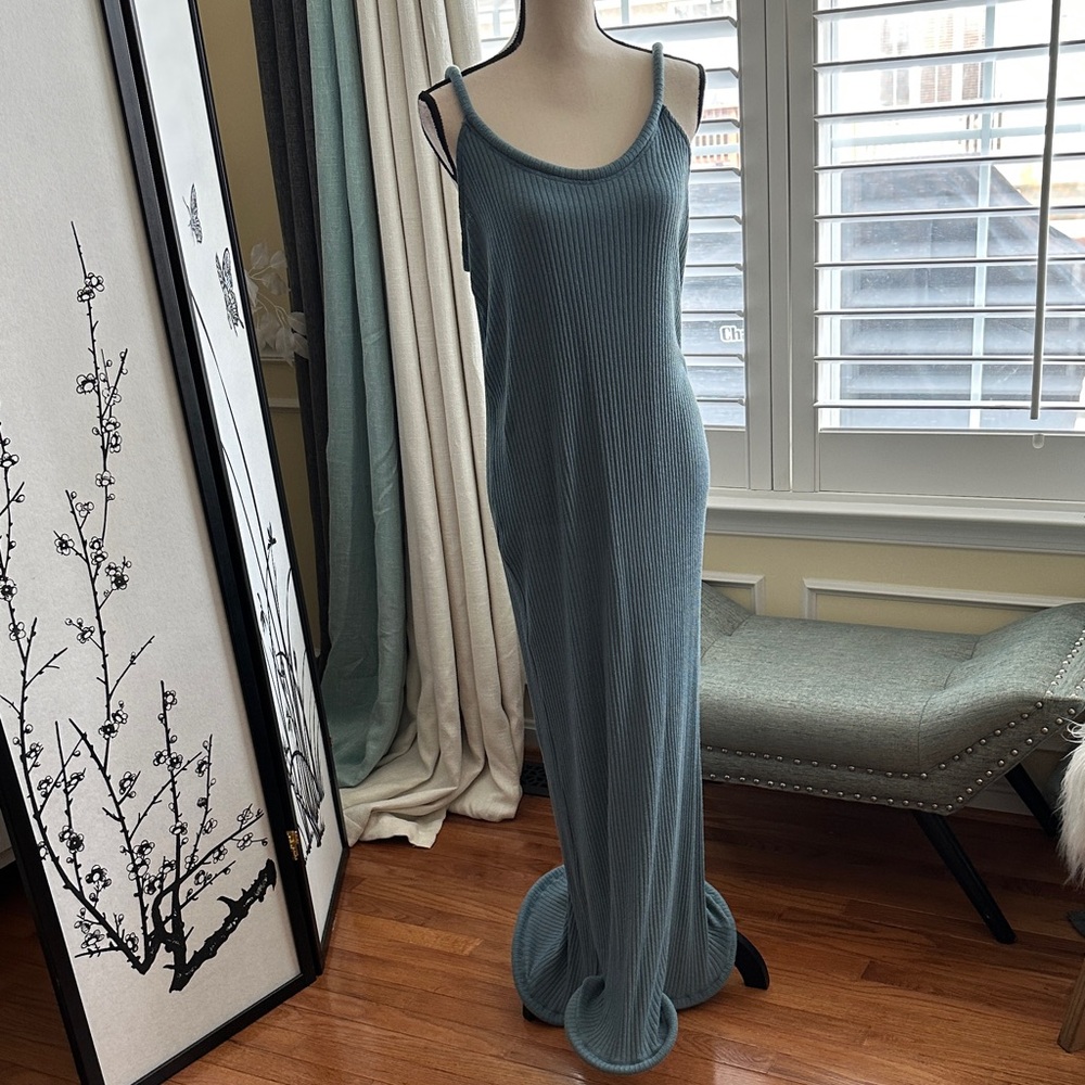 Zara Sleeveless Ribbed Maxi Dress in Dusty Teal Green - Picture 8 of 9